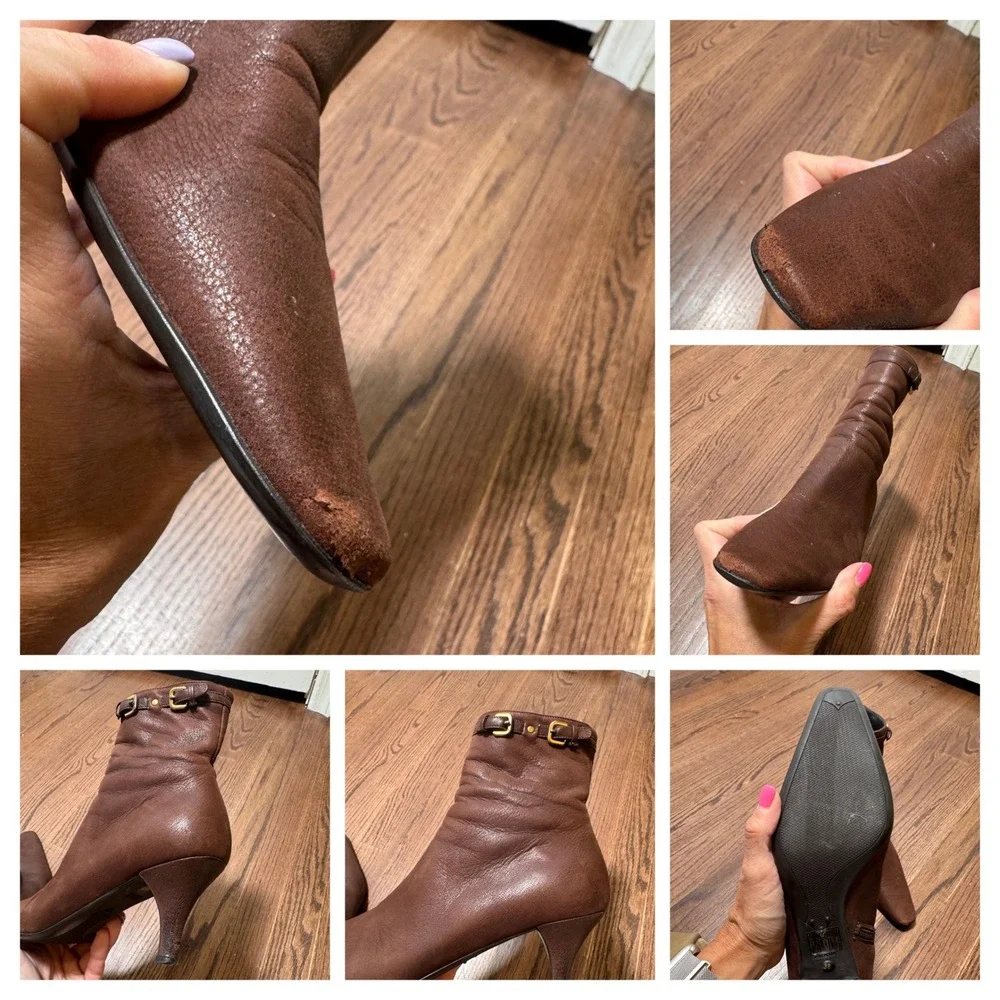 Prada Vintage Ankle Boots Y2K Brown Leather Buckle Square Pointed Chisel Toe 38